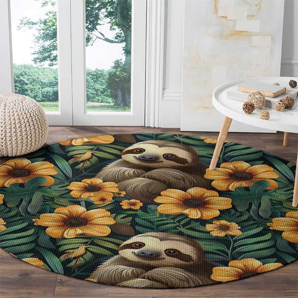 Sloth with Flowers Seamless Style Round Carpet