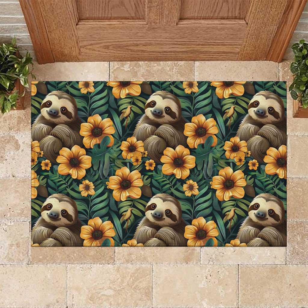 Sloth with Flowers Seamless Style Rubber Doormat - Wonder Print Shop