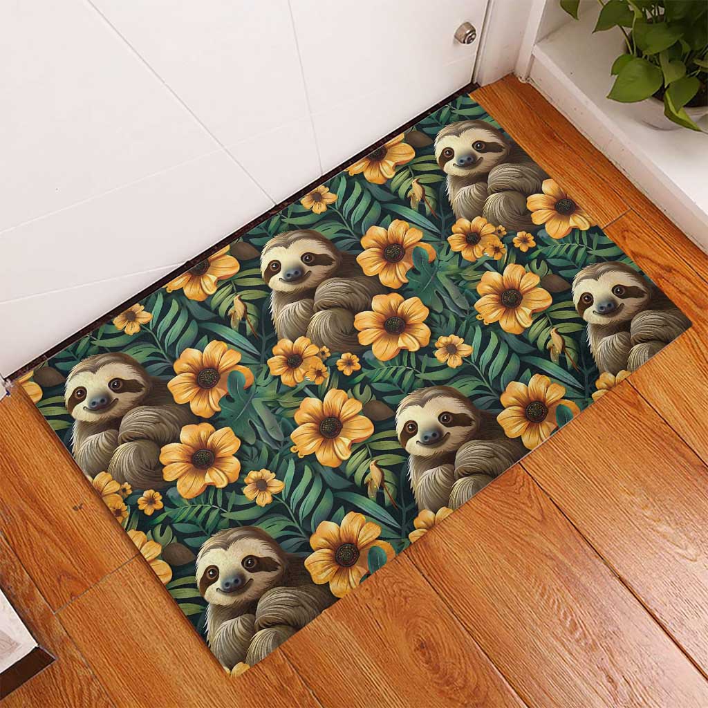 Sloth with Flowers Seamless Style Rubber Doormat - Wonder Print Shop