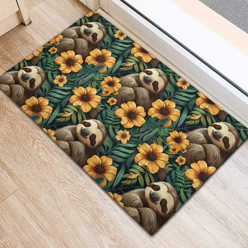 Sloth with Flowers Seamless Style Rubber Doormat - Wonder Print Shop