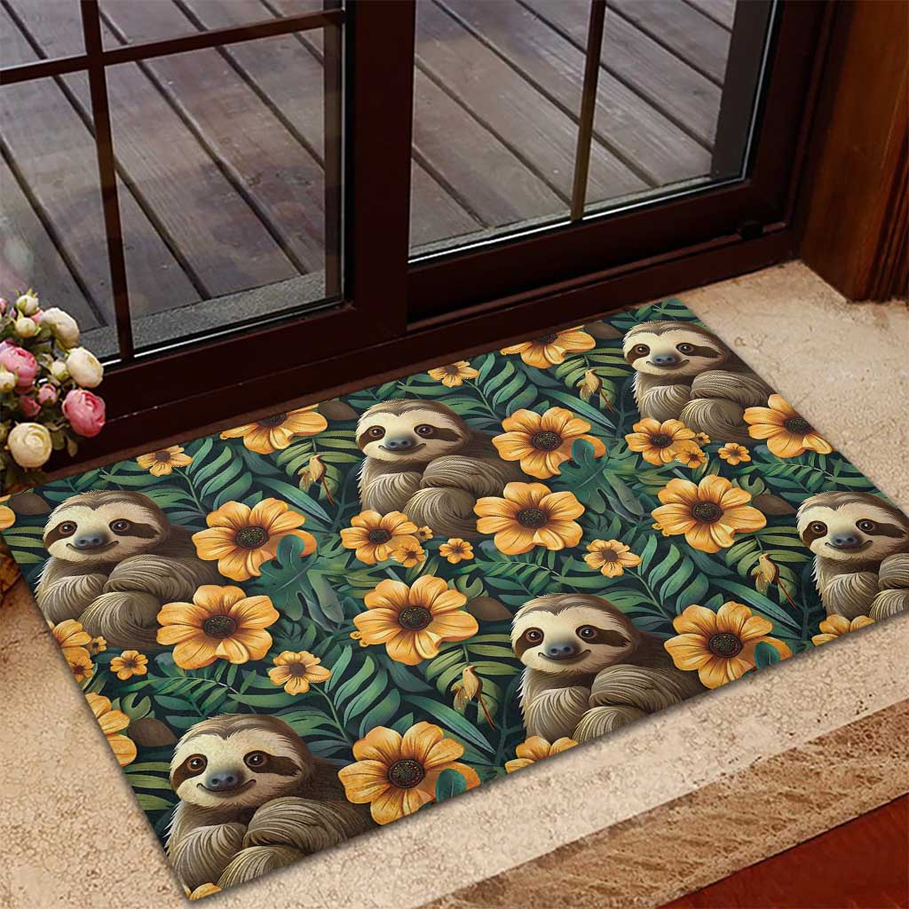 Sloth with Flowers Seamless Style Rubber Doormat - Wonder Print Shop