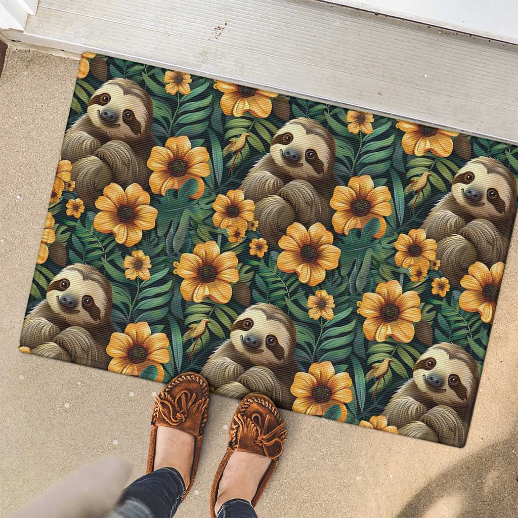 Sloth with Flowers Seamless Style Rubber Doormat - Wonder Print Shop