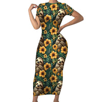 Sloth with Flowers Seamless Style Short Sleeve Bodycon Dress - Wonder Print Shop