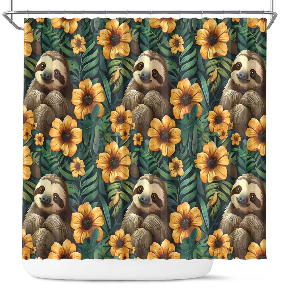 Sloth with Flowers Seamless Style Shower Curtain