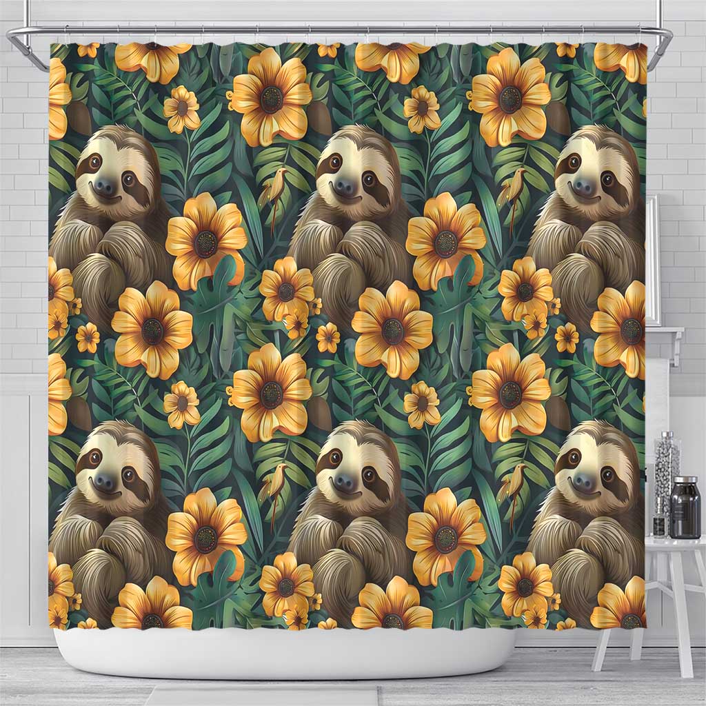 Sloth with Flowers Seamless Style Shower Curtain