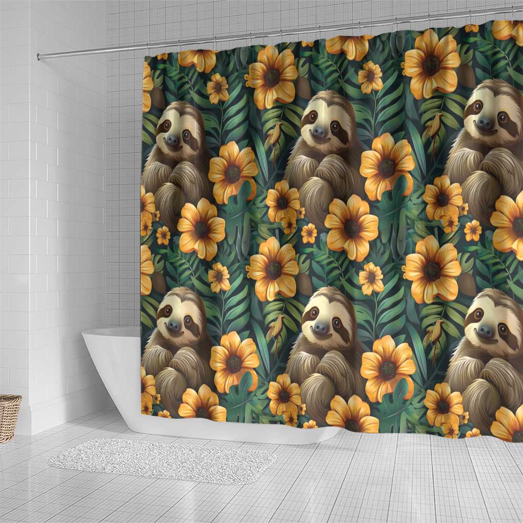 Sloth with Flowers Seamless Style Shower Curtain