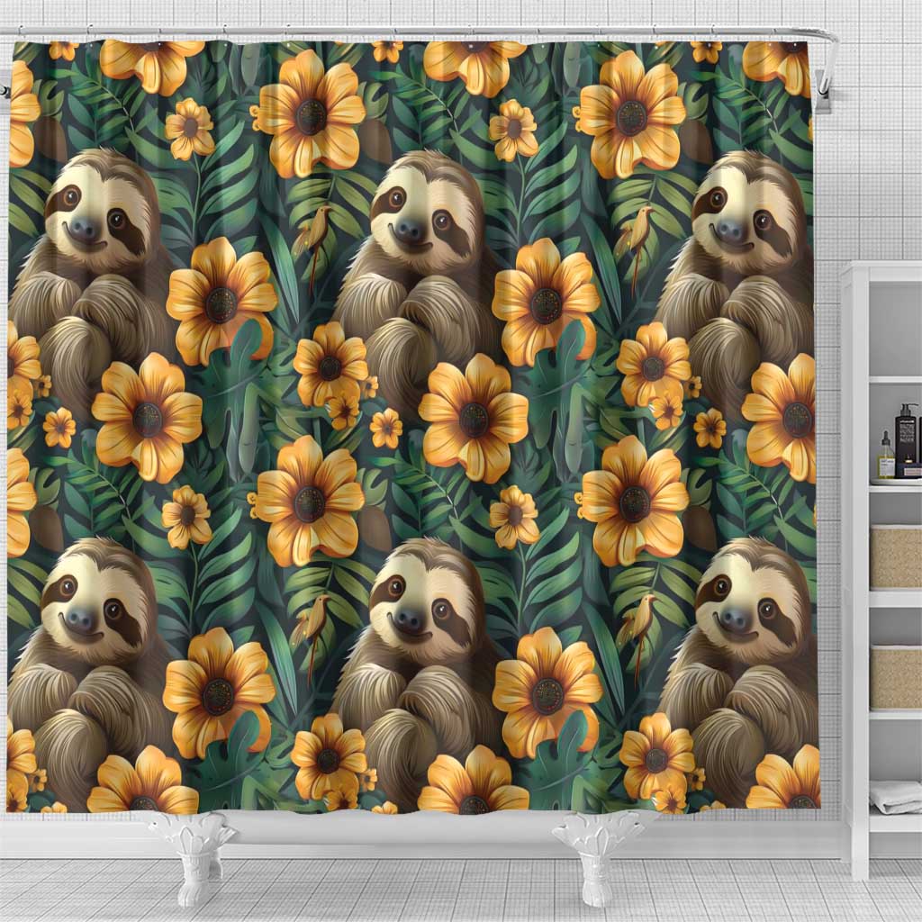 Sloth with Flowers Seamless Style Shower Curtain