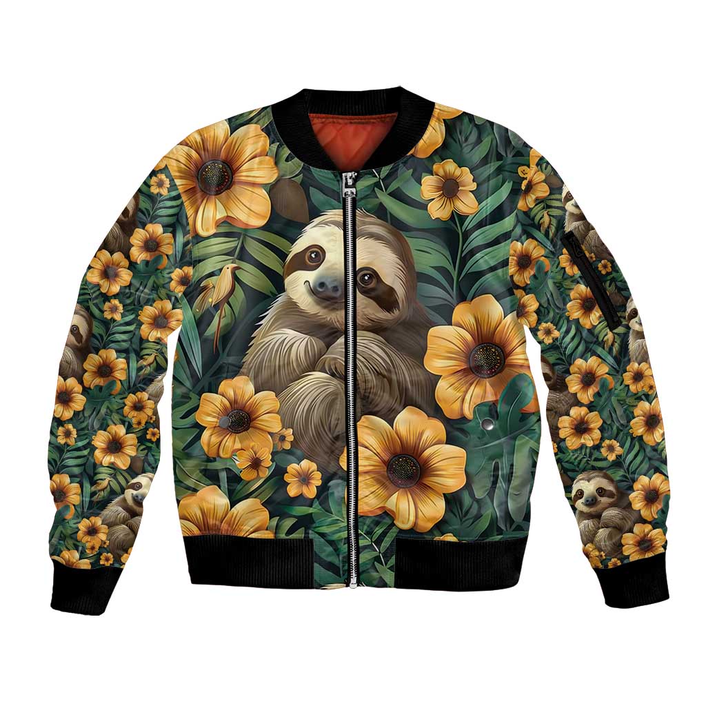 Sloth with Flowers Seamless Style Sleeve Zip Bomber Jacket - Wonder Print Shop
