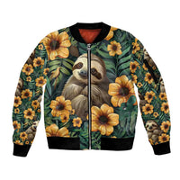 Sloth with Flowers Seamless Style Sleeve Zip Bomber Jacket - Wonder Print Shop