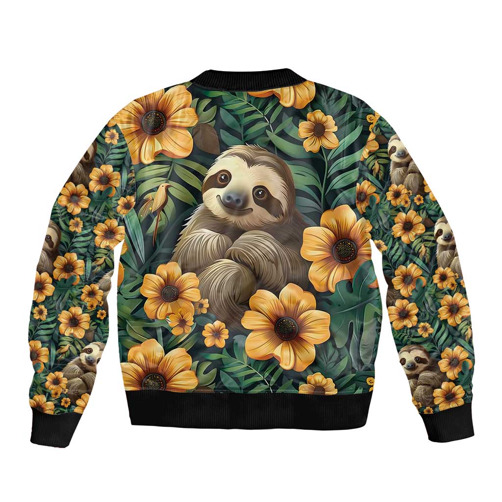 Sloth with Flowers Seamless Style Sleeve Zip Bomber Jacket - Wonder Print Shop
