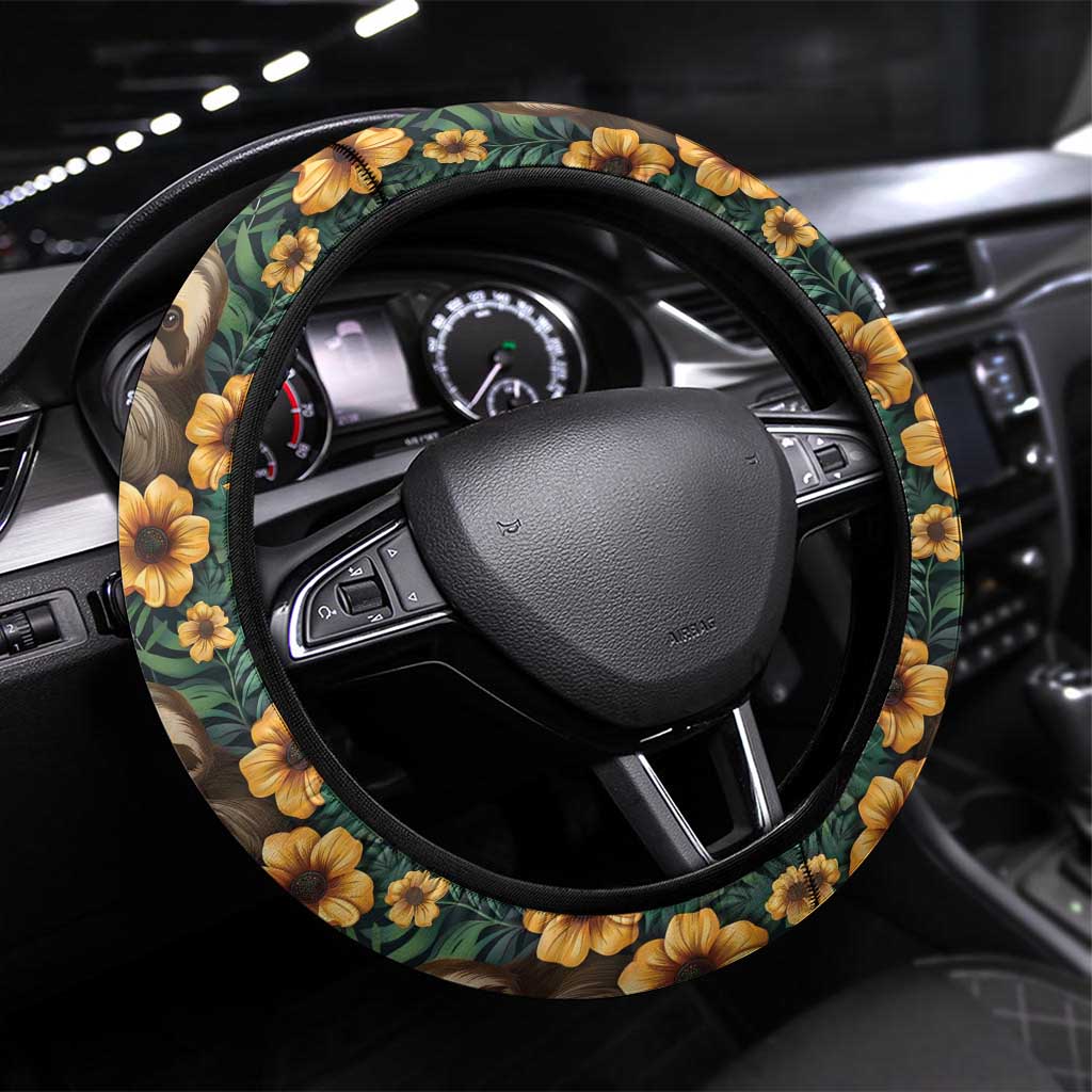 Sloth with Flowers Seamless Style Steering Wheel Cover - Wonder Print Shop