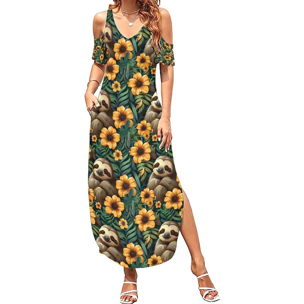 Sloth with Flowers Seamless Style Summer Maxi Dress - Wonder Print Shop