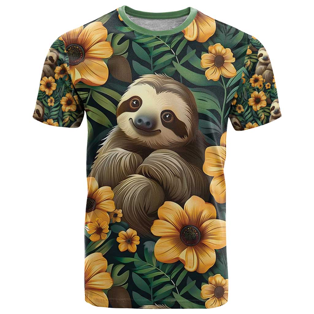 Sloth with Flowers Seamless Style T Shirt - Wonder Print Shop