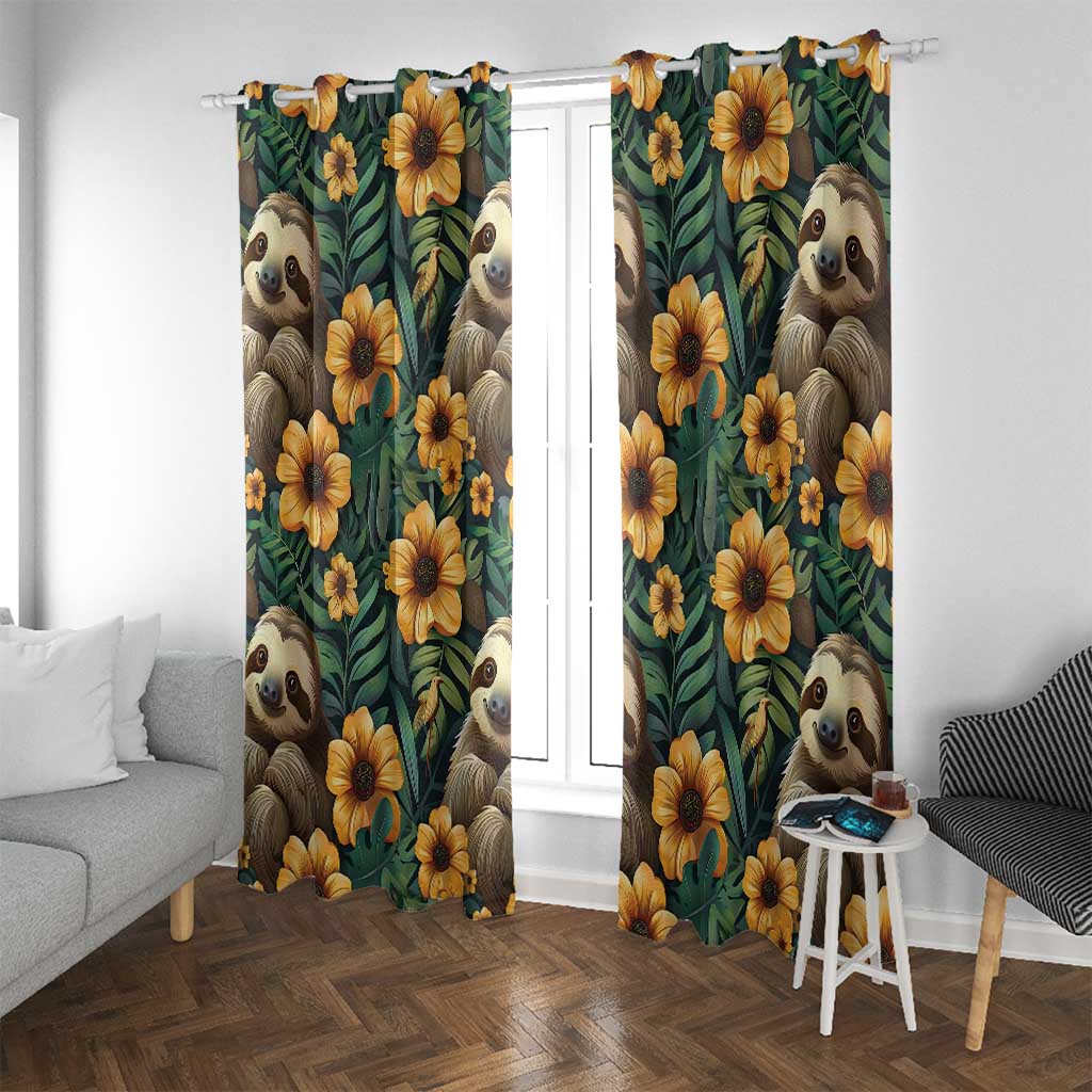 Sloth with Flowers Seamless Style Window Curtain - Wonder Print Shop