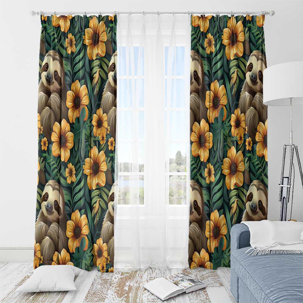 Sloth with Flowers Seamless Style Window Curtain - Wonder Print Shop