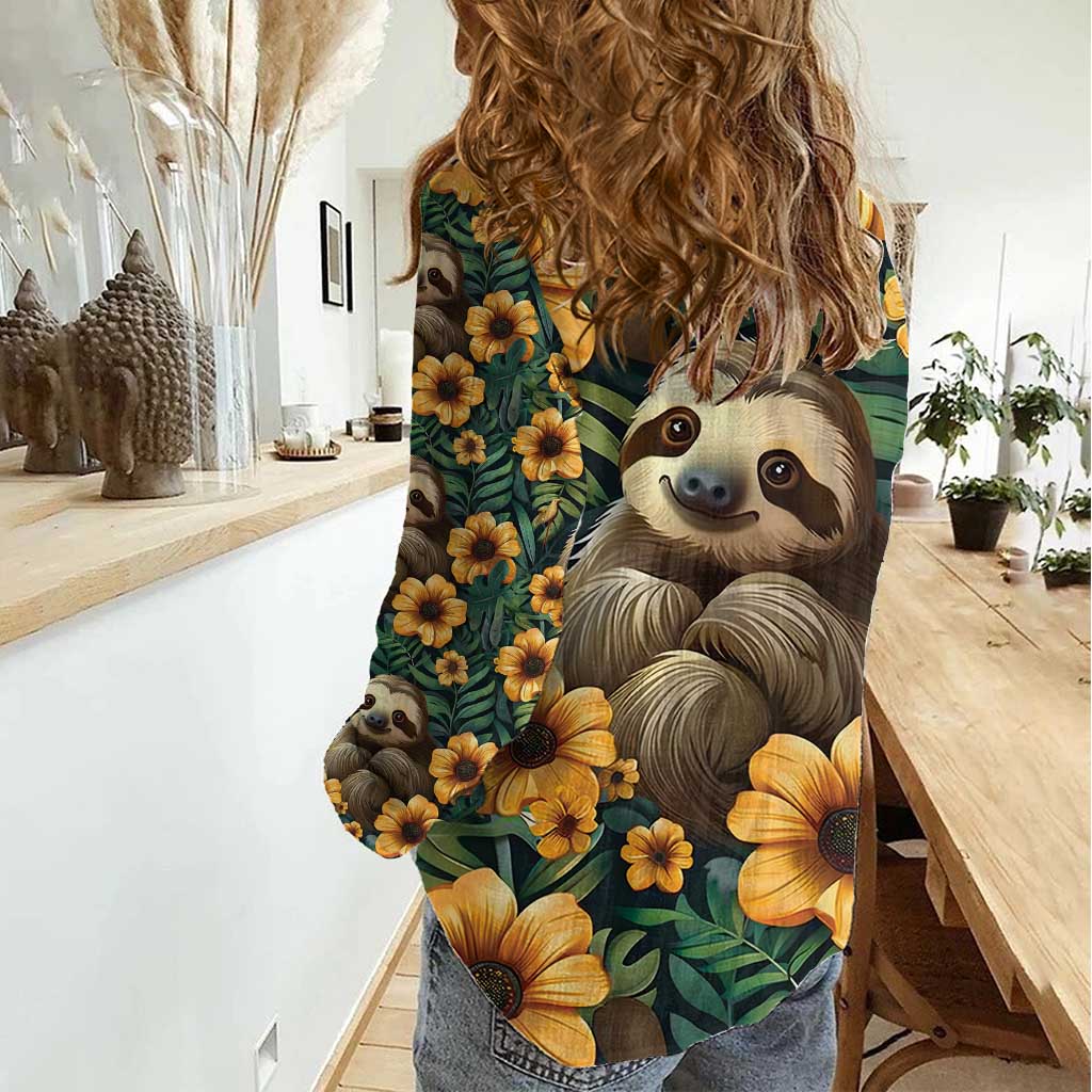 Sloth with Flowers Seamless Style Women Casual Shirt - Wonder Print Shop