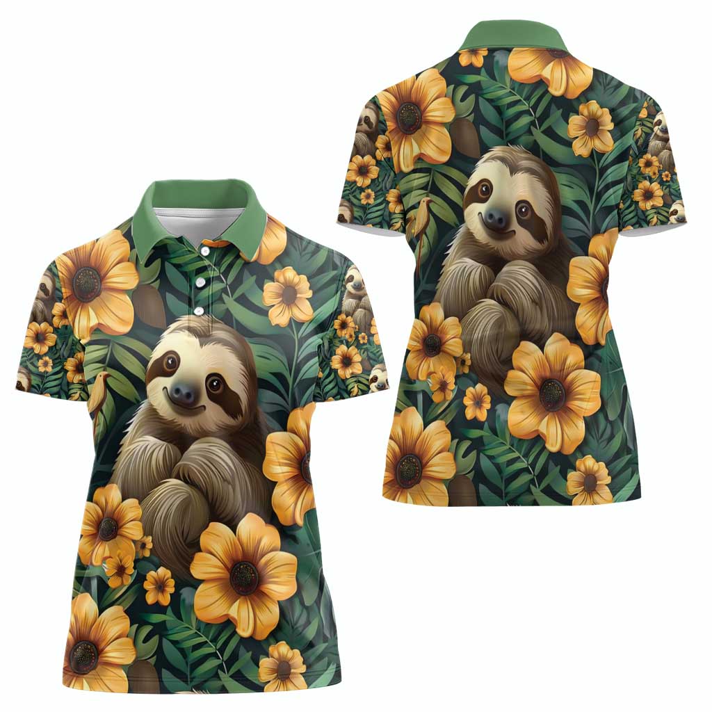 Sloth with Flowers Seamless Style Women Polo Shirt - Wonder Print Shop