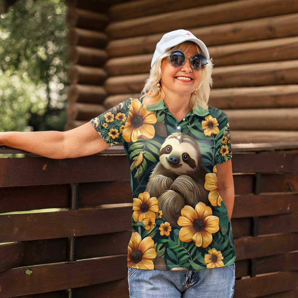 Sloth with Flowers Seamless Style Women Polo Shirt - Wonder Print Shop