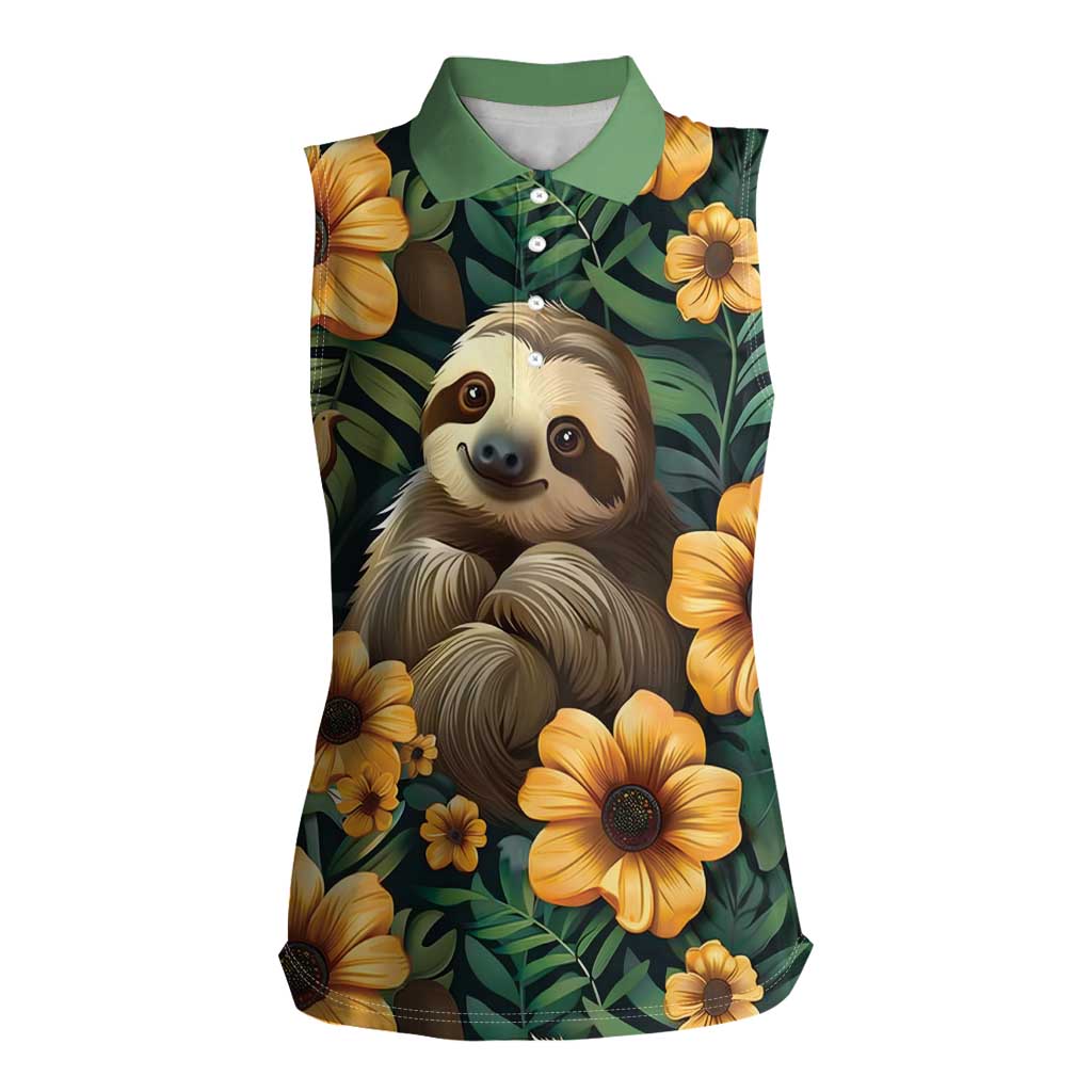 Sloth with Flowers Seamless Style Women Sleeveless Polo Shirt - Wonder Print Shop