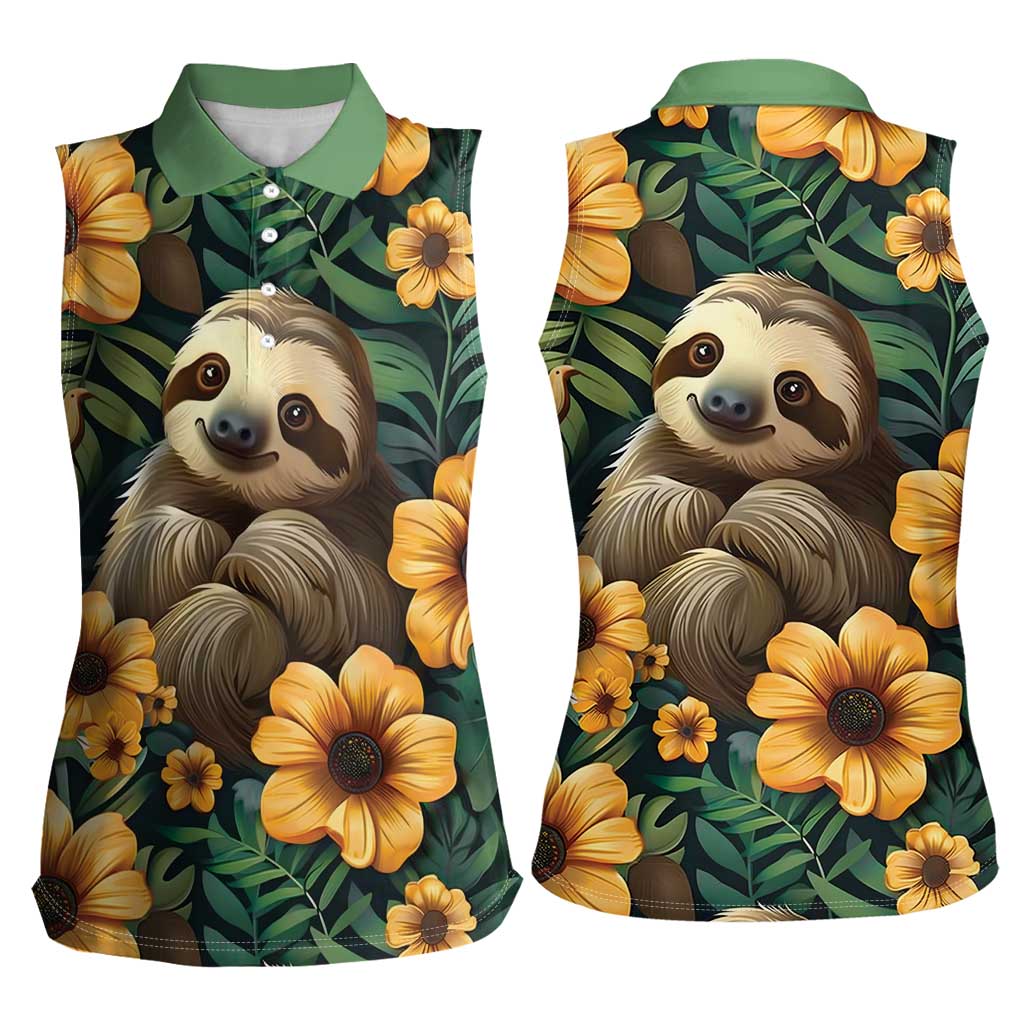 Sloth with Flowers Seamless Style Women Sleeveless Polo Shirt - Wonder Print Shop