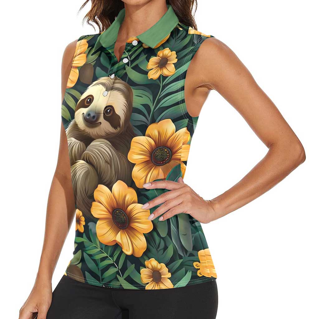 Sloth with Flowers Seamless Style Women Sleeveless Polo Shirt - Wonder Print Shop