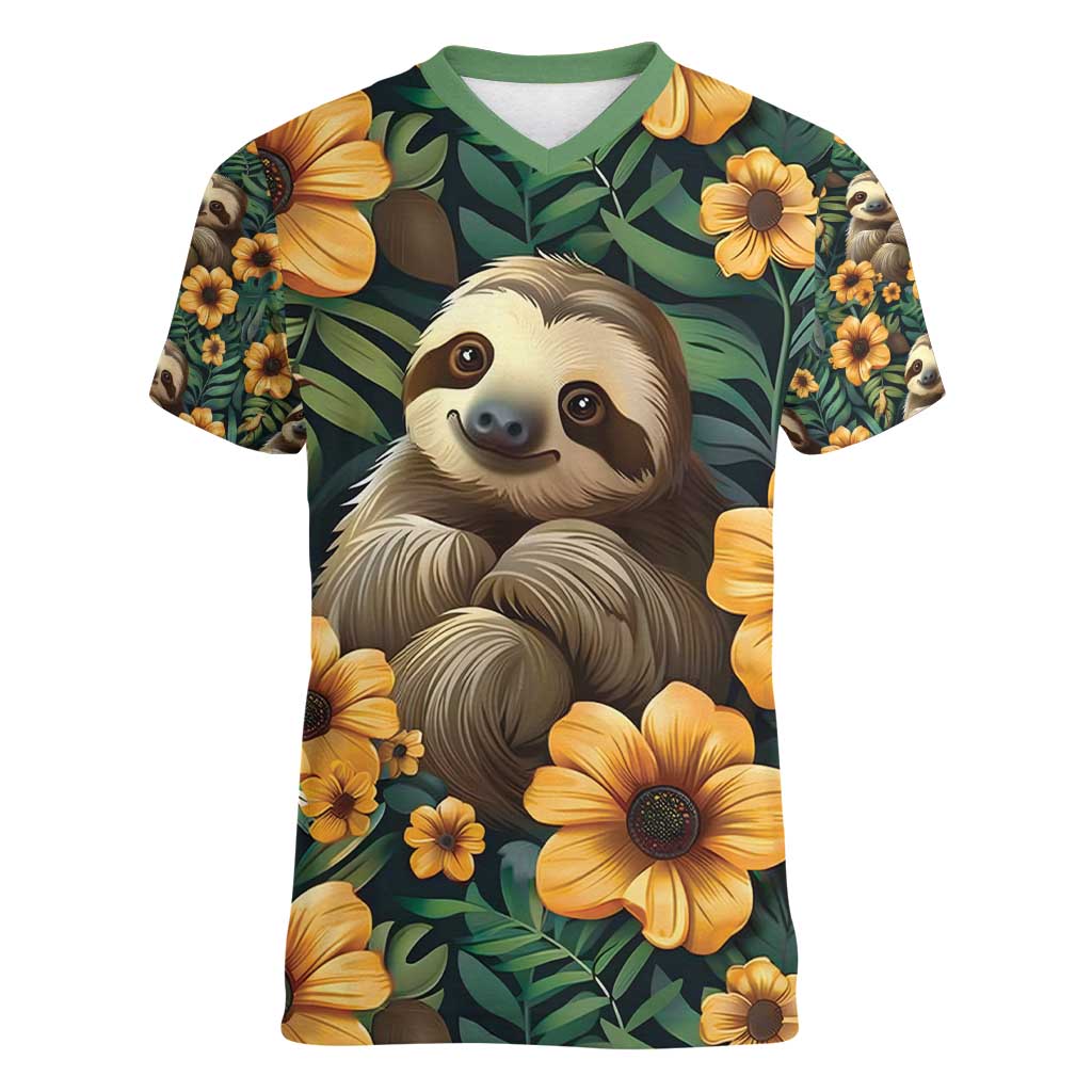 Sloth with Flowers Seamless Style Women V-Neck T-Shirt - Wonder Print Shop