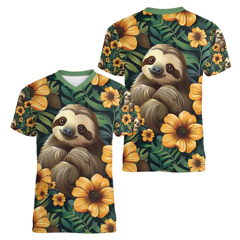 Sloth with Flowers Seamless Style Women V-Neck T-Shirt - Wonder Print Shop