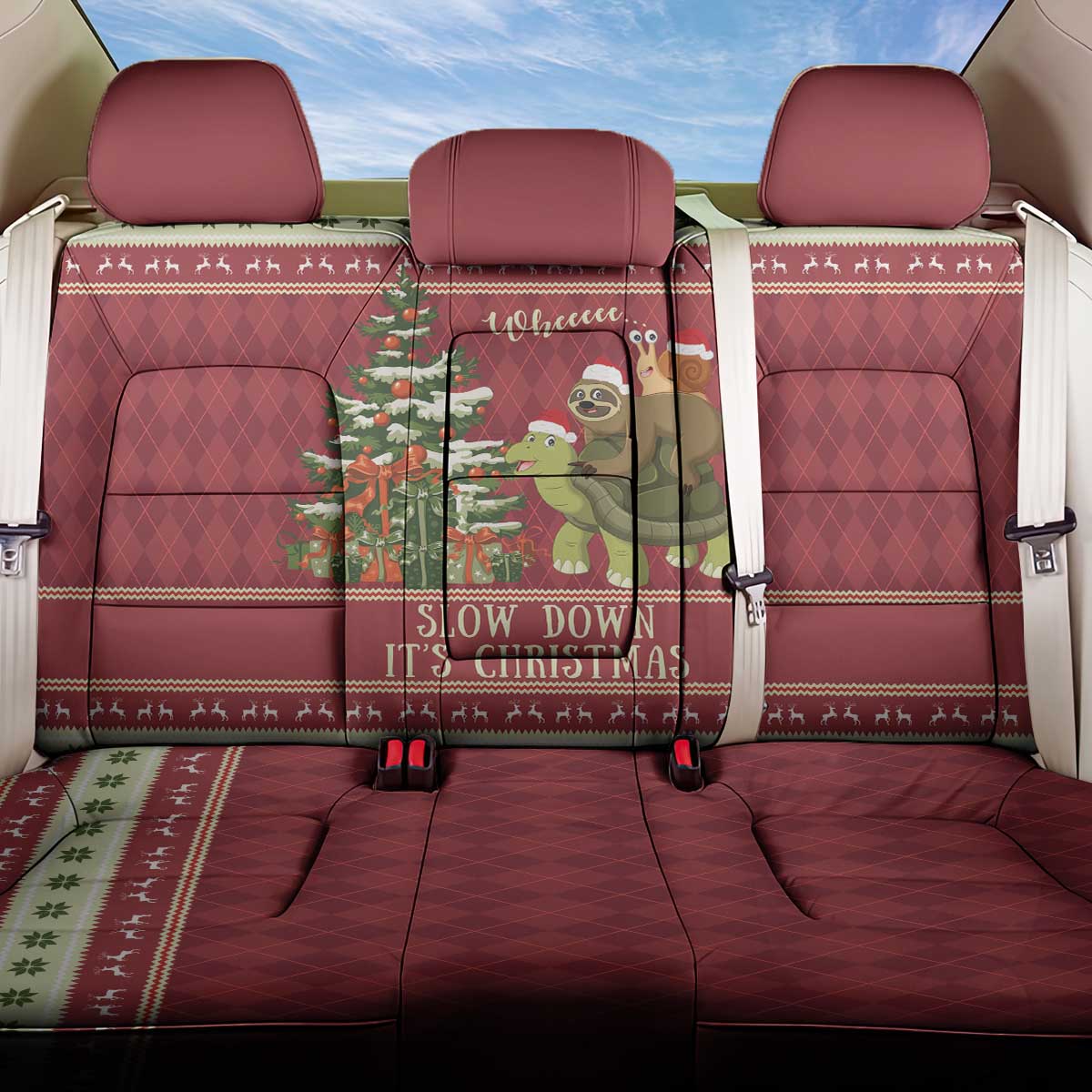 Sloth And Snail Riding A Turtle Wheeee Back Car Seat Cover Slow Down It's Christmas LT9 - Wonder Print Shop