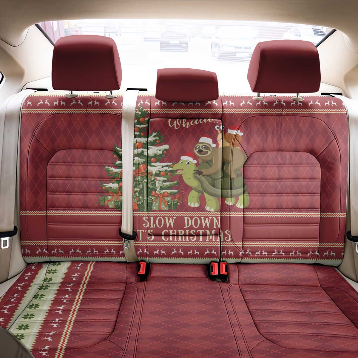 Sloth And Snail Riding A Turtle Wheeee Back Car Seat Cover Slow Down It's Christmas LT9 - Wonder Print Shop