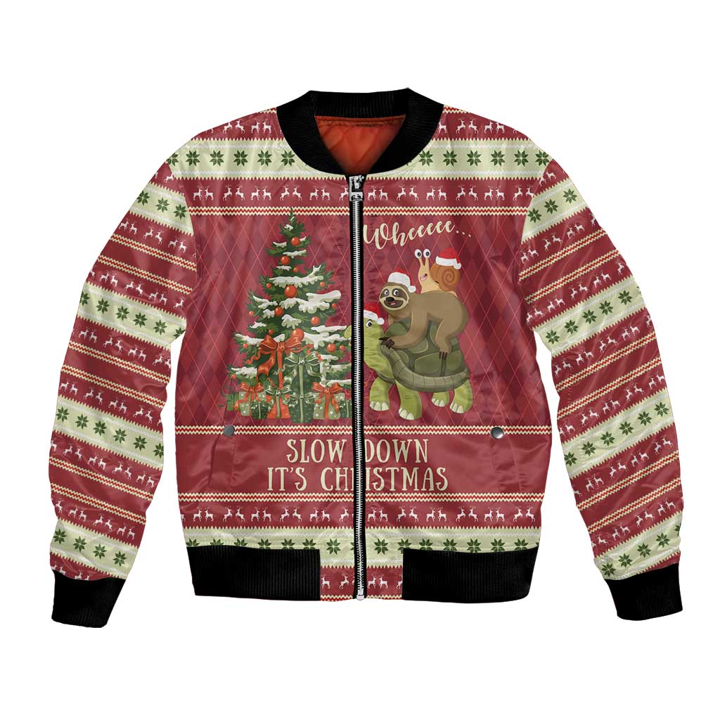 Sloth And Snail Riding A Turtle Wheeee Bomber Jacket Slow Down It's Christmas LT9 - Wonder Print Shop