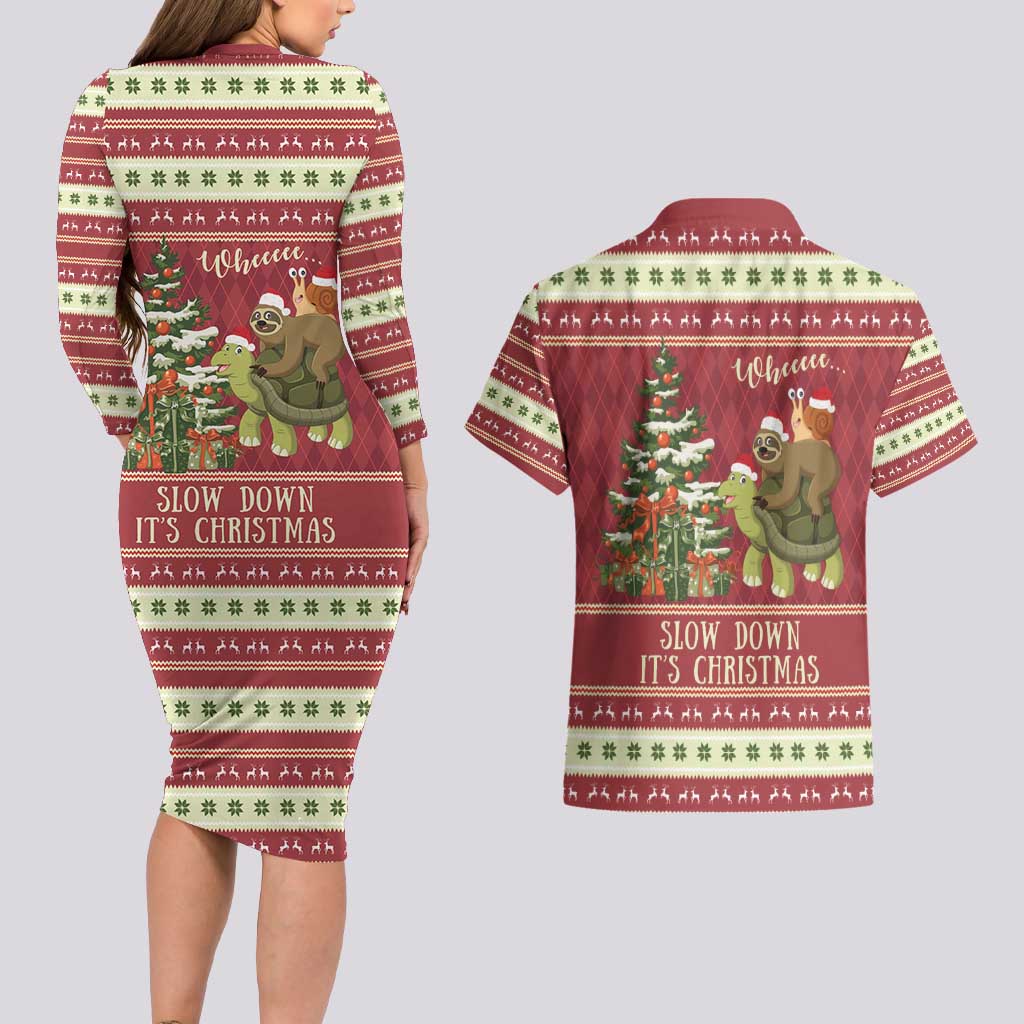 Sloth And Snail Riding A Turtle Wheeee Couples Matching Long Sleeve Bodycon Dress and Hawaiian Shirt Slow Down It's Christmas LT9 - Wonder Print Shop