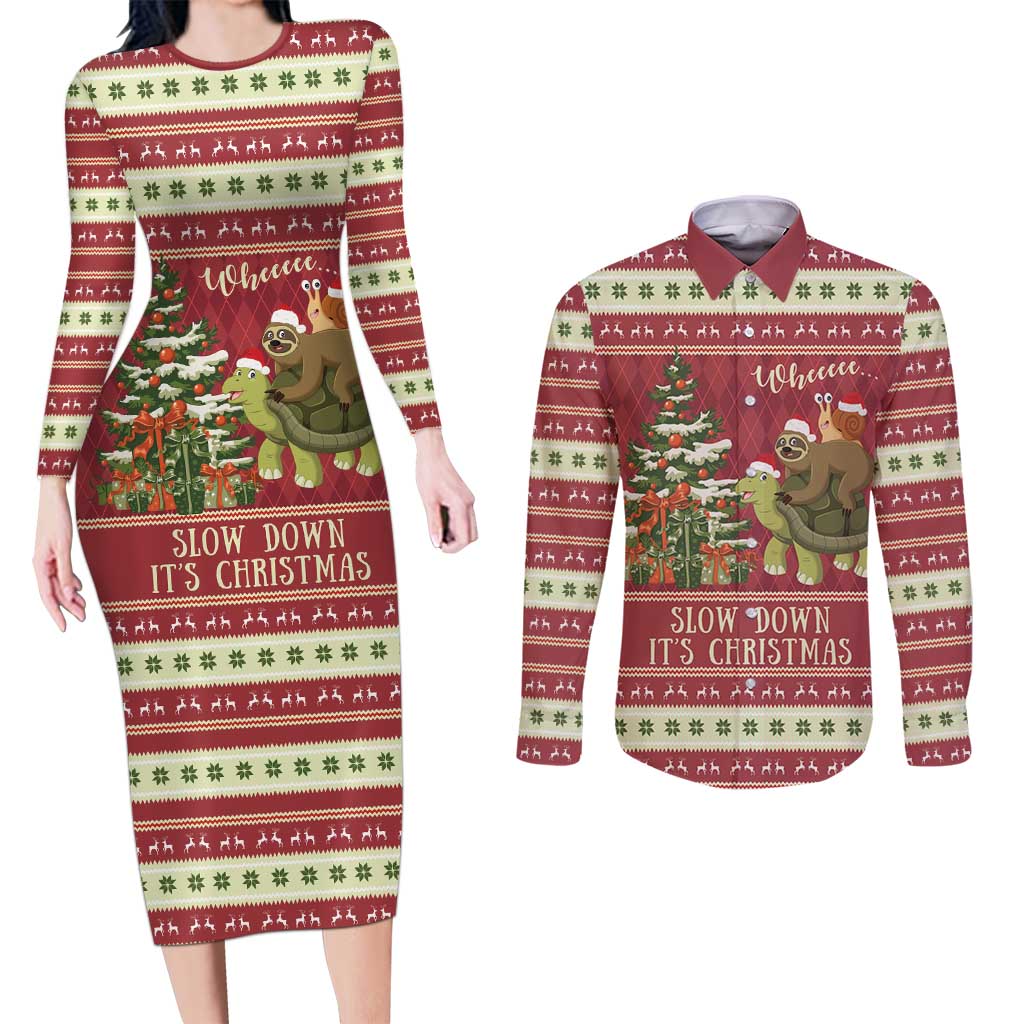 Sloth And Snail Riding A Turtle Wheeee Couples Matching Long Sleeve Bodycon Dress and Long Sleeve Button Shirt Slow Down It's Christmas LT9 - Wonder Print Shop