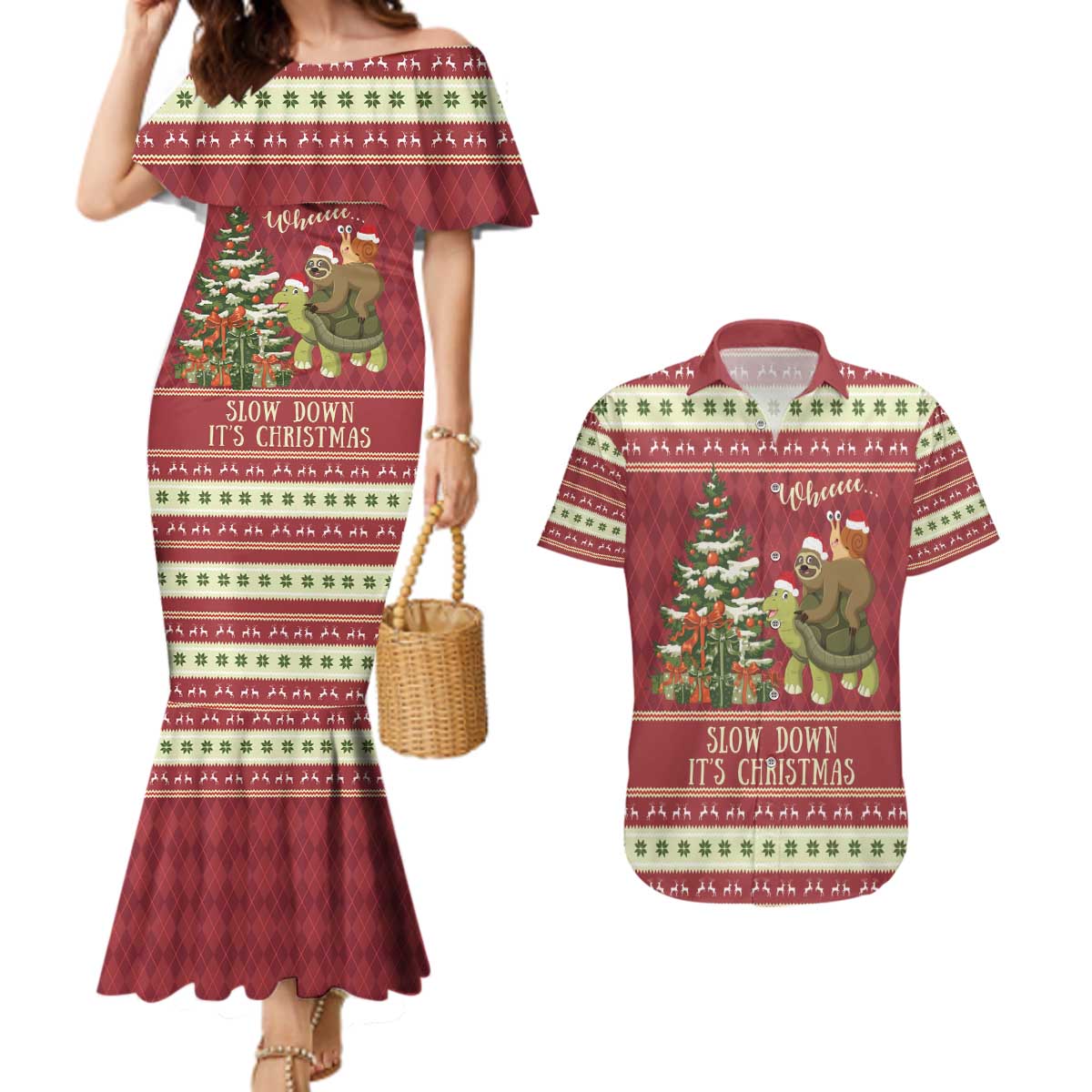 Sloth And Snail Riding A Turtle Wheeee Couples Matching Mermaid Dress and Hawaiian Shirt Slow Down It's Christmas LT9 - Wonder Print Shop