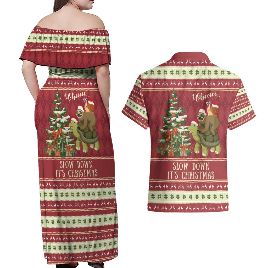 Sloth And Snail Riding A Turtle Wheeee Couples Matching Off Shoulder Maxi Dress and Hawaiian Shirt Slow Down It's Christmas LT9 - Wonder Print Shop