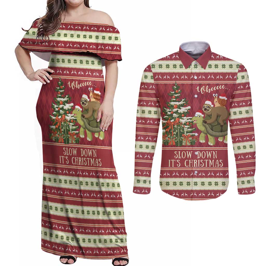 Sloth And Snail Riding A Turtle Wheeee Couples Matching Off Shoulder Maxi Dress and Long Sleeve Button Shirt Slow Down It's Christmas LT9 - Wonder Print Shop