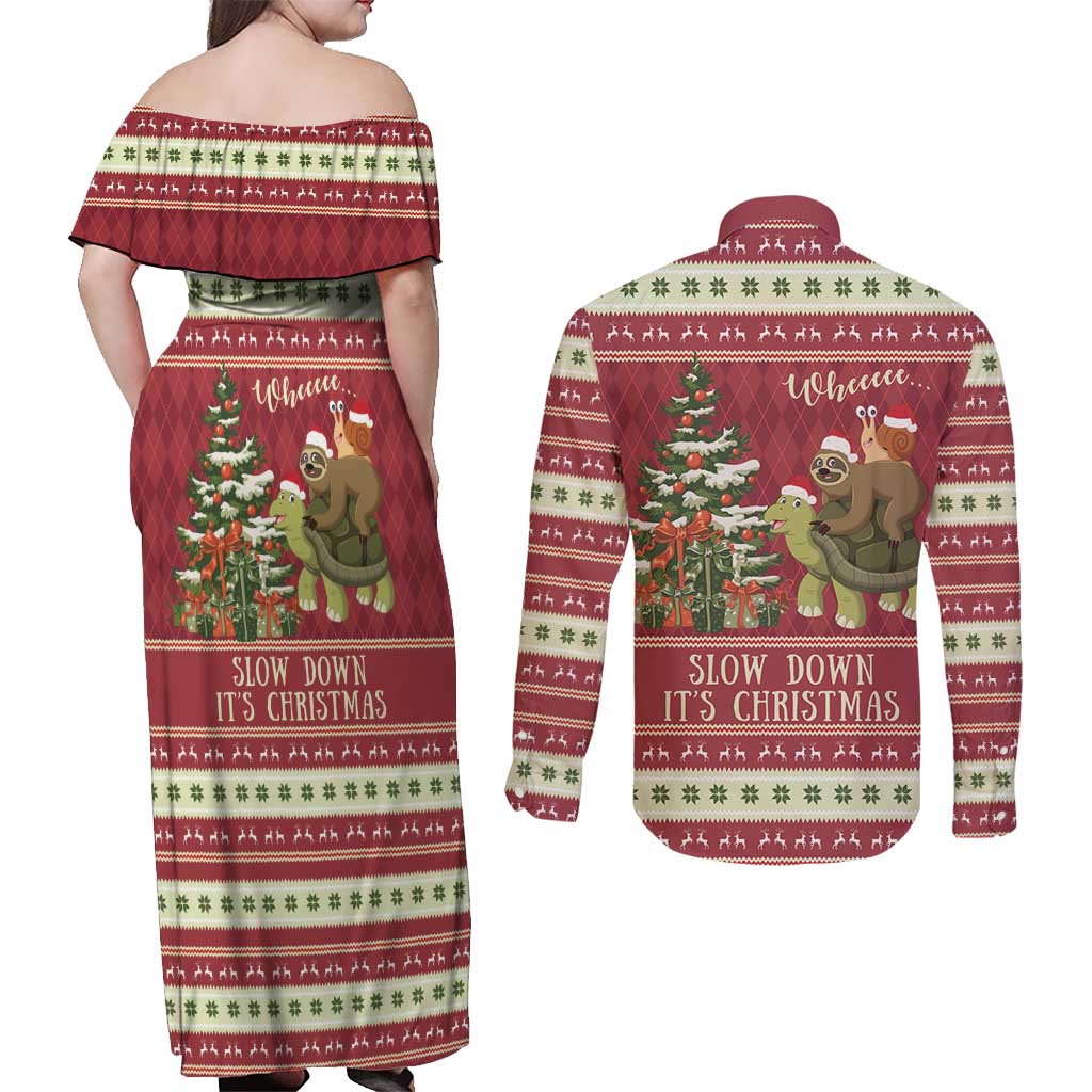 Sloth And Snail Riding A Turtle Wheeee Couples Matching Off Shoulder Maxi Dress and Long Sleeve Button Shirt Slow Down It's Christmas LT9 - Wonder Print Shop