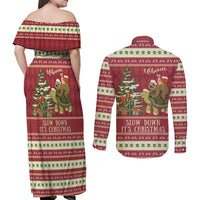 Sloth And Snail Riding A Turtle Wheeee Couples Matching Off Shoulder Maxi Dress and Long Sleeve Button Shirt Slow Down It's Christmas LT9 - Wonder Print Shop