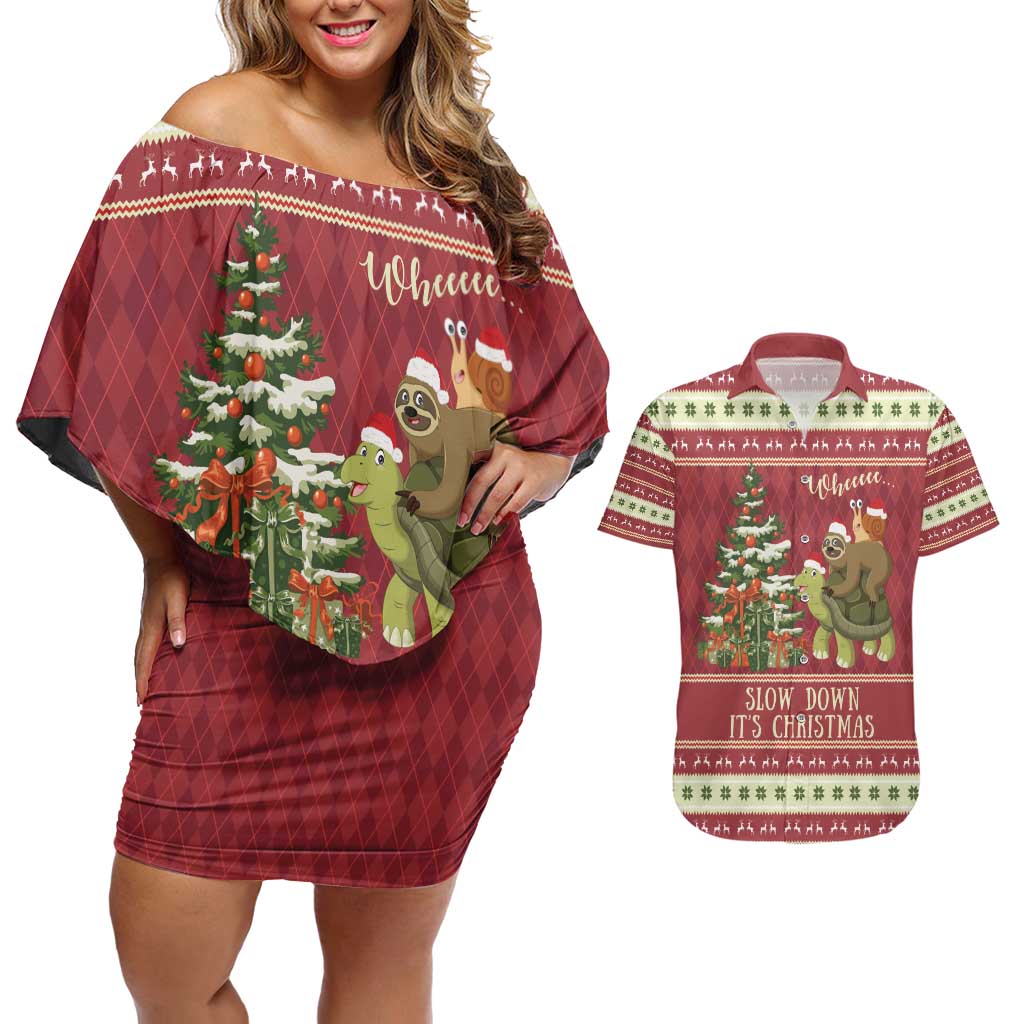 Sloth And Snail Riding A Turtle Wheeee Couples Matching Off Shoulder Short Dress and Hawaiian Shirt Slow Down It's Christmas LT9 - Wonder Print Shop