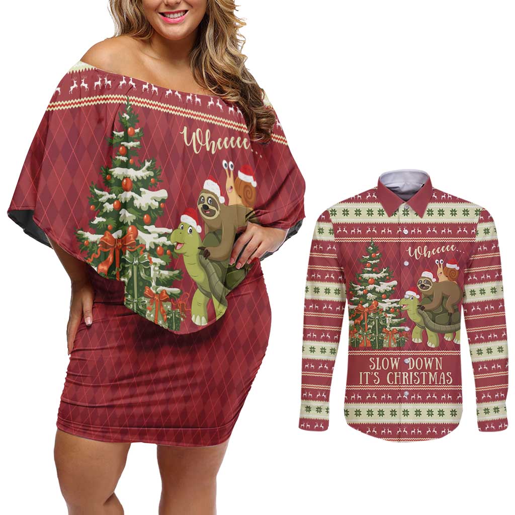 Sloth And Snail Riding A Turtle Wheeee Couples Matching Off Shoulder Short Dress and Long Sleeve Button Shirt Slow Down It's Christmas LT9 - Wonder Print Shop