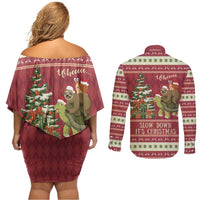 Sloth And Snail Riding A Turtle Wheeee Couples Matching Off Shoulder Short Dress and Long Sleeve Button Shirt Slow Down It's Christmas LT9 - Wonder Print Shop