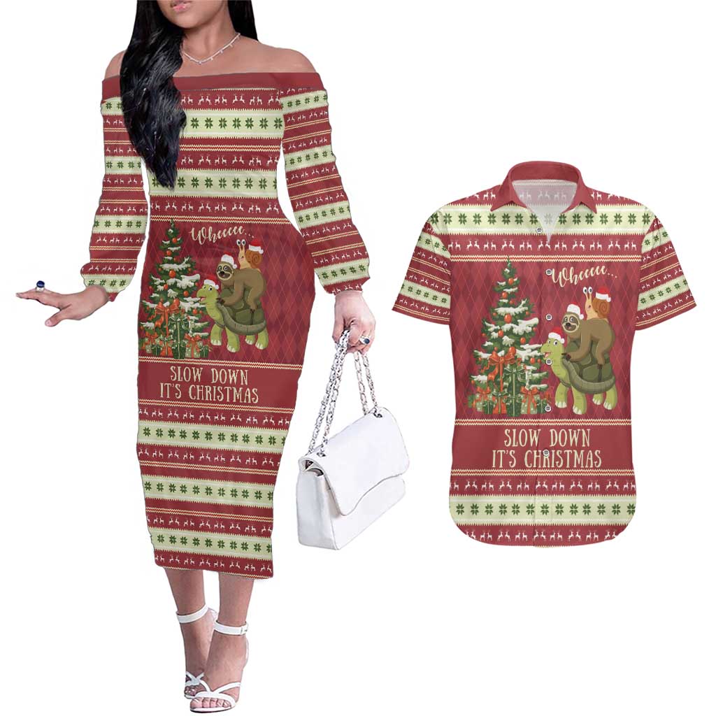 Sloth And Snail Riding A Turtle Wheeee Couples Matching Off The Shoulder Long Sleeve Dress and Hawaiian Shirt Slow Down It's Christmas LT9 - Wonder Print Shop