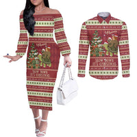 Sloth And Snail Riding A Turtle Wheeee Couples Matching Off The Shoulder Long Sleeve Dress and Long Sleeve Button Shirt Slow Down It's Christmas