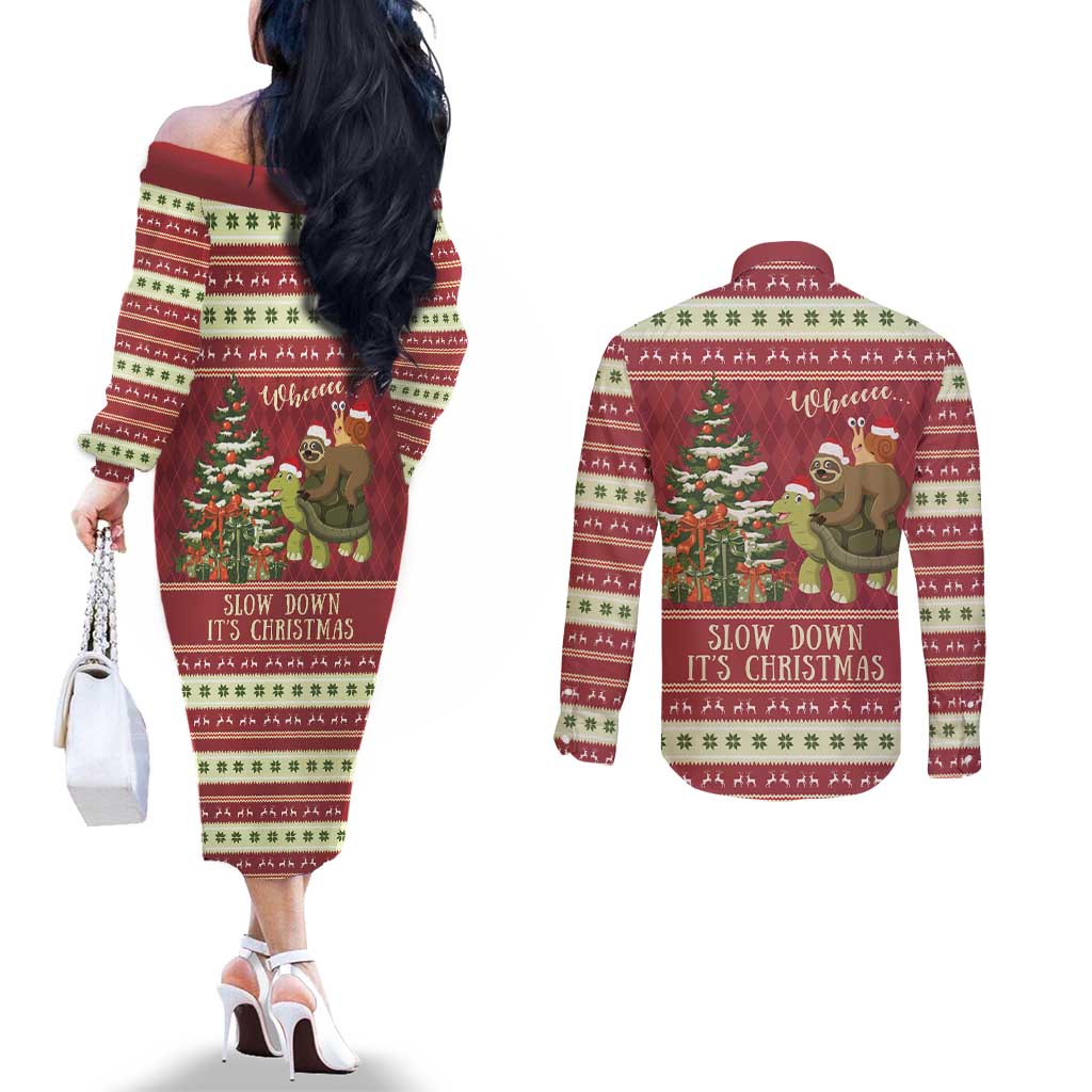Sloth And Snail Riding A Turtle Wheeee Couples Matching Off The Shoulder Long Sleeve Dress and Long Sleeve Button Shirt Slow Down It's Christmas