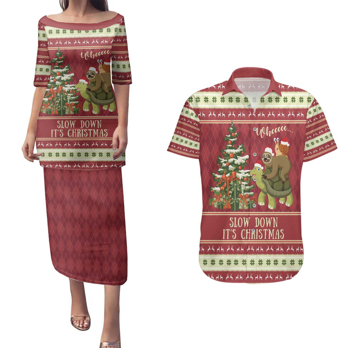 Sloth And Snail Riding A Turtle Wheeee Couples Matching Puletasi and Hawaiian Shirt Slow Down It's Christmas LT9 - Wonder Print Shop