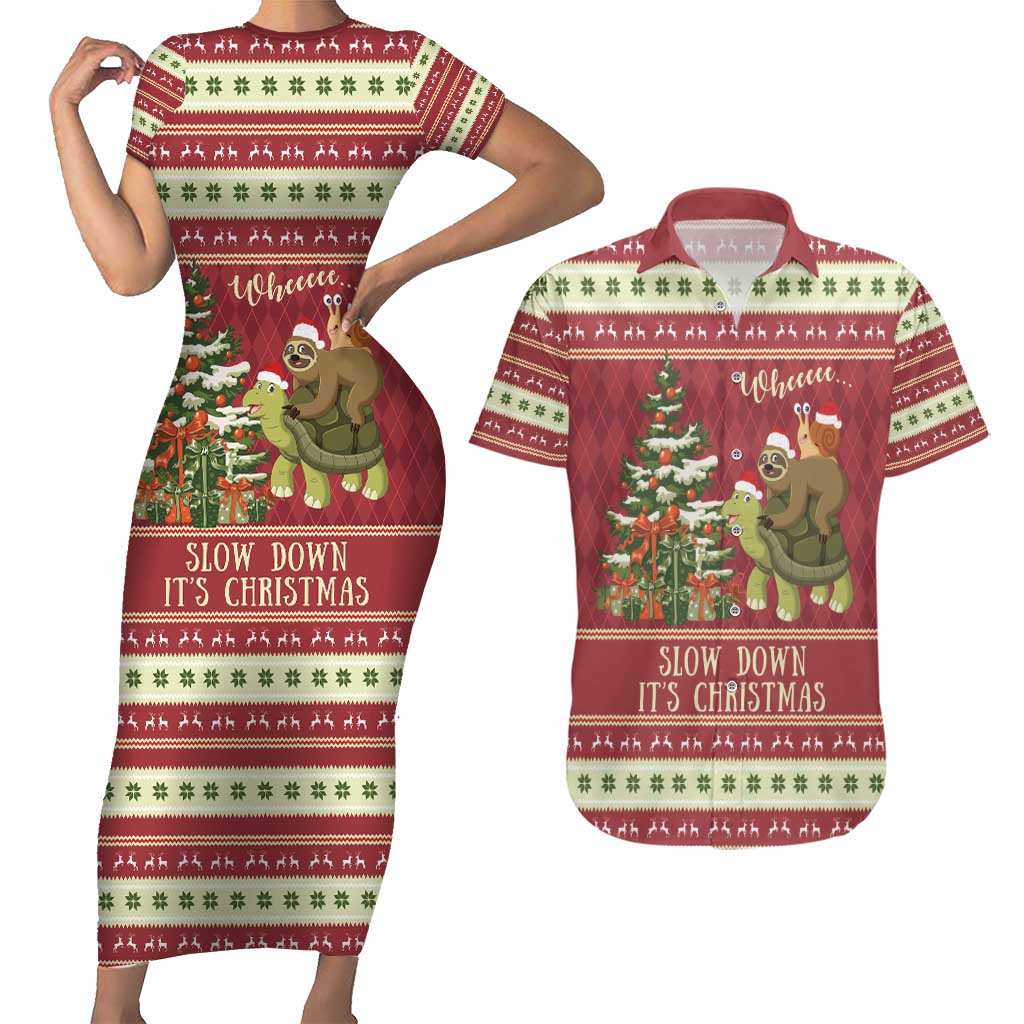 Sloth And Snail Riding A Turtle Wheeee Couples Matching Short Sleeve Bodycon Dress and Hawaiian Shirt Slow Down It's Christmas LT9 - Wonder Print Shop