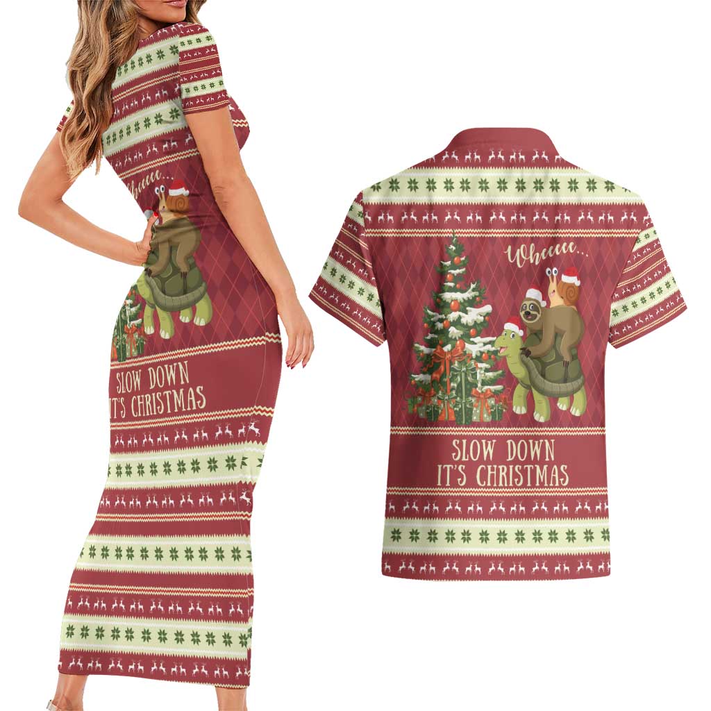 Sloth And Snail Riding A Turtle Wheeee Couples Matching Short Sleeve Bodycon Dress and Hawaiian Shirt Slow Down It's Christmas LT9 - Wonder Print Shop