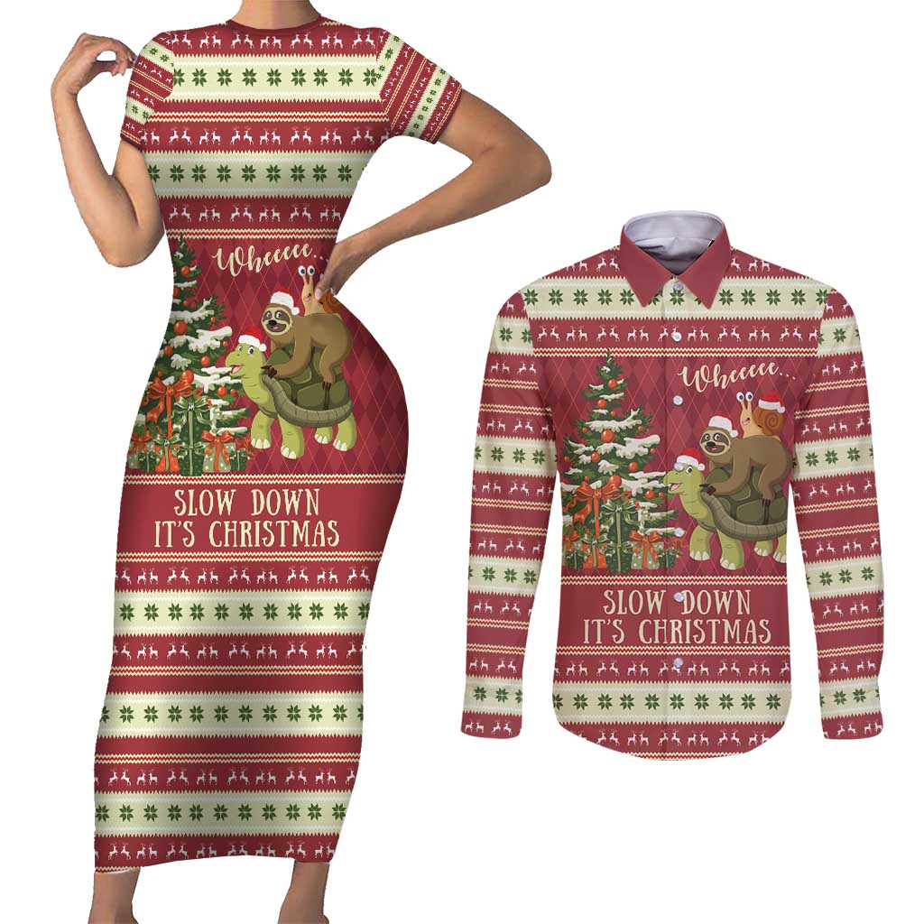 Sloth And Snail Riding A Turtle Wheeee Couples Matching Short Sleeve Bodycon Dress and Long Sleeve Button Shirt Slow Down It's Christmas LT9 - Wonder Print Shop