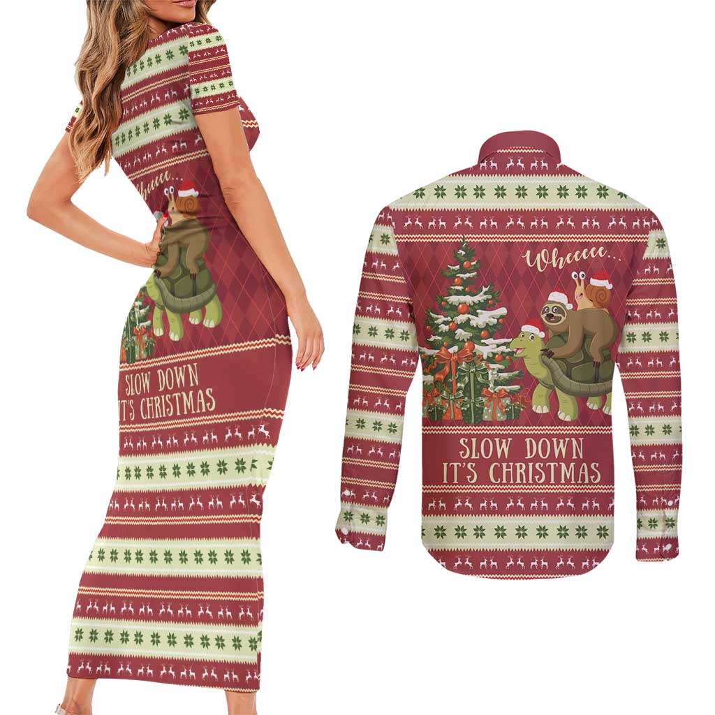 Sloth And Snail Riding A Turtle Wheeee Couples Matching Short Sleeve Bodycon Dress and Long Sleeve Button Shirt Slow Down It's Christmas LT9 - Wonder Print Shop
