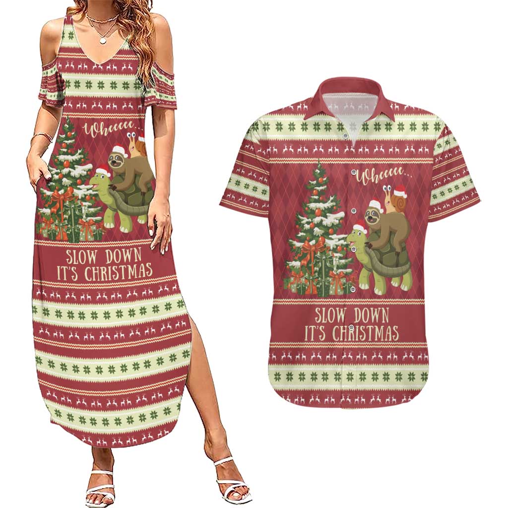 Sloth And Snail Riding A Turtle Wheeee Couples Matching Summer Maxi Dress and Hawaiian Shirt Slow Down It's Christmas LT9 - Wonder Print Shop