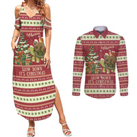 Sloth And Snail Riding A Turtle Wheeee Couples Matching Summer Maxi Dress and Long Sleeve Button Shirt Slow Down It's Christmas LT9 - Wonder Print Shop